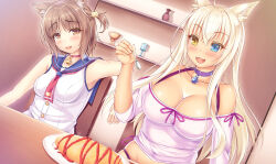 Rule 34 | 2girls, :3, :d, ahoge, animal ear fluff, animal ears, arm at side, azuki (nekopara), bare arms, bare shoulders, bell, blonde hair, blue eyes, blue sailor collar, blush, breasts, brown eyes, brown hair, cat ears, cat girl, cat hair ornament, choker, cleavage, coconut (nekopara), collarbone, colored eyelashes, commentary request, dark-skinned female, dark skin, dutch angle, eyelashes, eyes visible through hair, fang, floating hair, food, fork, furrowed brow, hair between eyes, hair ornament, hand up, happy, heterochromia, highres, holding, holding fork, indoors, jingle bell, large breasts, long hair, long sleeves, looking at another, looking at food, looking down, medium breasts, multiple girls, neckerchief, nekopara, off-shoulder shirt, off shoulder, omelet, omurice, open mouth, purple choker, purple shirt, red choker, red neckerchief, sailor collar, shirt, short hair, shrimp 3, sidelocks, sitting, sleeveless, sleeveless shirt, slit pupils, smile, straight hair, two side up, upper body, very long hair, white shirt, yellow eyes