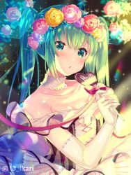 Rule 34 | 1girl, bare shoulders, blue eyes, blurry, blurry background, blush, collarbone, commentary request, depth of field, dress, elbow gloves, flower, food, gloves, green hair, hair between eyes, hair flower, hair ornament, hatsune miku, heart, highres, holding, holding food, ikari (aor3507), long hair, looking at viewer, off-shoulder dress, off shoulder, parted lips, pink flower, pink rose, purple flower, purple rose, red flower, red rose, rose, sidelocks, solo, striped clothes, striped dress, twintails, twitter username, upper body, vertical-striped clothes, vertical-striped dress, vocaloid, white gloves, yellow flower, yellow rose
