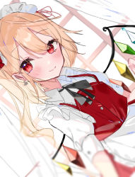 Rule 34 | 1girl, alternate costume, apron, black ribbon, blonde hair, buttons, closed mouth, collared shirt, commentary request, dutch angle, enmaided, flandre scarlet, frilled apron, frills, hair between eyes, indoors, long hair, looking at viewer, maid, maid headdress, multicolored wings, neck ribbon, puffy short sleeves, puffy sleeves, red eyes, red vest, ribbon, shirt, short sleeves, smile, solo, touhou, vest, waist apron, white apron, white curtains, white shirt, window, wings, yumeno ruruka
