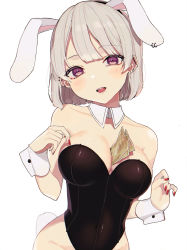 Rule 34 | 1girl, absurdres, animal ears, bare legs, bare shoulders, between breasts, black hairband, black leotard, blunt bangs, blush, bob cut, breasts, collarbone, covered navel, deha rou, detached collar, ear piercing, fake animal ears, grey hair, hairband, head tilt, highleg, highleg leotard, highres, large breasts, leotard, looking at viewer, mole, mole under mouth, money, nail polish, open mouth, original, piercing, playboy bunny, purple eyes, rabbit ears, rabbit tail, red nails, short hair, simple background, solo, strapless, strapless leotard, tail, tucked money, white background, wrist cuffs