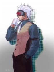 Rule 34 | 1boy, ace attorney, artist name, beard, black pants, brown vest, closed mouth, collared shirt, cup, dark-skinned male, dark skin, dated, drop shadow, earrings, facial hair, from side, godot (ace attorney), godzillapigeon1, gradient background, green shirt, halftone, hand in pocket, hand up, highres, holding, holding cup, jewelry, male focus, mask, mug, multiple earrings, necktie, pants, phoenix wright: ace attorney - trials and tribulations, pinstripe pattern, pinstripe vest, shirt, short hair, signature, solo, striped, vest, white background, white hair, white necktie