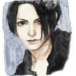 Rule 34 | 1boy, black hair, black shirt, brown eyes, character request, closed mouth, collared shirt, commentary request, grey background, jiz (pffbq), l&#039;arc~en~ciel, looking at viewer, male focus, portrait, real life, realistic, shirt, short hair, smile, solo, watercolor effect