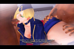 Rule 34 | 1girl, 2boys, anal, ass, ass grab, bent over, blonde hair, breasts, censored, chobi-pho, choker, cleavage, curvy, falke (street fighter), fellatio, green lips, hands on own hips, hip focus, huge ass, large breasts, multiple boys, oral, penis, short hair, spitroast, street fighter, street fighter v, wide hips