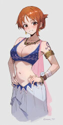 Rule 34 | 1girl, absurdres, arabian clothes, armlet, bandaged arm, bandages, bare shoulders, blush, bracelet, breasts, cleavage, collarbone, commentary, cowboy shot, cropped jacket, dancer, earrings, grey background, hair behind ear, hands on own hips, harem outfit, highres, jewelry, looking at viewer, medium breasts, midriff, nami (one piece), navel, necklace, official alternate costume, official alternate hairstyle, one piece, orange eyes, orange hair, parted lips, short hair, shoulder tattoo, single sidelock, smile, solo, sooon, tattoo