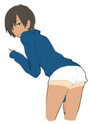 Rule 34 | 00s, 1boy, ass, bad id, bad pixiv id, blue sweater, brown eyes, brown hair, closed mouth, cropped legs, dark-skinned male, dark skin, ikezawa kazuma, leaning forward, long sleeves, looking at viewer, male focus, pointing, pointing forward, short hair, shorts, simple background, sleeves past wrists, solo, standing, summer wars, sweater, tan, tanline, trap, tsukuru (seki sabato), white background, white shorts