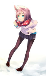 Rule 34 | 1girl, animal ears, aqua eyes, bent over, blue eyes, blush, breath, brown pantyhose, dutch angle, eyebrows, hand in pocket, loafers, original, outdoors, pantyhose, pleated skirt, scarf, shoes, skirt, snow, solo, standing, thick eyebrows, winter, yoo (tabi no shiori)