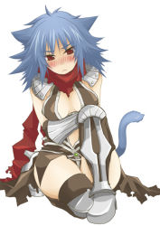 Rule 34 | 1girl, :&lt;, animal ears, armor, armored boots, assassin cross (ragnarok online), black cape, black gloves, black shirt, black socks, blue hair, blush, boots, breasts, cape, cat ears, cat tail, closed mouth, commentary request, elbow gloves, eremes guile, full body, gauntlets, genderswap, genderswap (mtf), gloves, hair between eyes, high heel boots, high heels, kneehighs, kneeling, long hair, looking at viewer, medium breasts, nose blush, pauldrons, ragnarok online, red eyes, red scarf, revealing clothes, scarf, shirt, shoulder armor, simple background, socks, solo, sptbird, tail, torn cape, torn clothes, torn scarf, waist cape, white background