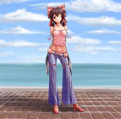 Rule 34 | 1girl, alternate costume, bare shoulders, belt, blue sky, blurry, bow, brown hair, cloud, contemporary, crop top, day, detached sleeves, full body, grin, groin, hair bow, hair ornament, hair ribbon, hair tubes, hakurei reimu, hater (hatater), high heels, highres, long sleeves, looking at viewer, midriff, non-web source, one eye closed, pants, ribbon, see-through, short hair, sky, smile, solo, standing, touhou, water, wide sleeves