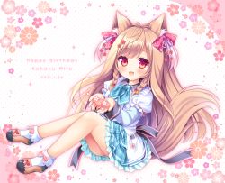 Rule 34 | 1girl, :d, animal ear fluff, animal ears, bell, blue neckwear, blue skirt, blush, bobby socks, braid, breasts, brown footwear, brown hair, character name, collared dress, commentary request, dated, dress, floral background, full body, hair bell, hair ornament, hands up, happy birthday, highres, jingle bell, layered sleeves, long hair, long sleeves, looking at viewer, mito kohaku, open mouth, plaid, plaid neckwear, plaid skirt, puffy short sleeves, puffy sleeves, red eyes, ryuuka sane, shoes, short over long sleeves, short sleeves, skirt, small breasts, smile, socks, solo, tail, tayutama 2, twin braids, very long hair, white dress, white socks