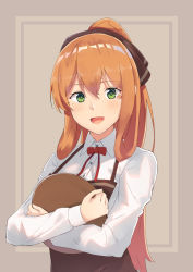 Rule 34 | 1girl, :d, apron, blush, brown apron, collared shirt, girls&#039; frontline, green eyes, hair between eyes, hair ornament, high ponytail, highres, holding, holding tray, kusubii, long hair, long sleeves, open mouth, orange hair, ponytail, red neckwear, red ribbon, ribbon, shirt, smile, solo, springfield (girls&#039; frontline), tray, two-tone background, upper body, white shirt, wing collar