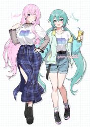 2girls aqua_eyes aqua_hair belt black_belt black_footwear black_undershirt blue_eyes blue_hair blue_nails blue_shorts blue_skirt blush boots casual character_name closed_mouth collarbone commentary denim denim_shorts drink earrings english_commentary english_text ge-b grid_background hair_between_eyes hair_ornament hair_scrunchie hand_on_own_hip hatsune_miku highres holding holding_drink jacket jewelry lace_trim letterman_jacket long_hair long_skirt looking_at_viewer megurine_luka multiple_girls off_shoulder one_eye_closed open_mouth pink_hair plaid_clothes plaid_skirt print_shirt scrunchie see-through_clothes shirt shirt_tucked_in shoes shorts side_slit skirt smile sneakers socks t-shirt twintails very_long_hair vocaloid white_background white_shirt white_socks