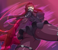 Rule 34 | 1girl, armor, artist name, ass, bodysuit, breasts, fate/grand order, fate (series), from behind, from below, frown, gae bolg (fate), gloves, highres, huge ass, large breasts, long hair, looking at viewer, looking down, pantyhose, polearm, purple hair, red eyes, scathach (fate), shiny clothes, sideboob, solo, spear, very long hair, weapon, yanows