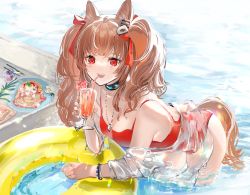 Rule 34 | 1girl, :d, angelina (arknights), angelina (summer flower) (arknights), animal ears, arknights, black collar, blush, bow, brown hair, collar, commentary request, cowboy shot, cup, drinking glass, drinking straw, earpiece, food, fox ears, fox girl, fox tail, gawako, hair bow, highres, holding, holding cup, infection monitor (arknights), innertube, jewelry, leaning forward, long hair, looking at viewer, necklace, official alternate costume, one-piece swimsuit, open mouth, pancake, partially submerged, red bow, red eyes, red one-piece swimsuit, see-through, smile, solo, swim ring, swimsuit, swimsuit cover-up, tail, teeth, twintails, upper teeth only, wading, water
