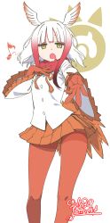 Rule 34 | 10s, 1girl, 2017, artist name, bad singing, crack, dated, gloves, hand on own chest, head wings, highres, japanese crested ibis (kemono friends), japari symbol, kemono friends, looking at viewer, music, musical note, open mouth, pantyhose, pink hair, pleated skirt, quaver, red gloves, red pantyhose, signature, singing, skirt, solo, white hair, wings, yellow eyes, yoshida hideyuki