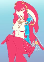 Rule 34 | 1girl, absurdres, artist name, bearboxart, blue background, breasts, collarbone, crossed legs, female focus, fins, fish girl, gauntlets, gradient background, half-closed eyes, hand up, highres, jewelry, large breasts, looking at viewer, mipha, navel, necklace, nintendo, no humans, no nipples, nude, open mouth, simple background, sitting, solo, text focus, the legend of zelda, the legend of zelda: breath of the wild, tumblr, watermark, web address, yellow eyes, zora