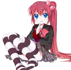 Rule 34 | 1girl, :q, blue eyes, blush, bow, finger to mouth, hair ornament, hairclip, little busters!, long hair, namori, oekaki, pink bow, red hair, saigusa haruka, shushing, side ponytail, skirt, smile, solo, striped clothes, striped thighhighs, thighhighs, tongue, tongue out