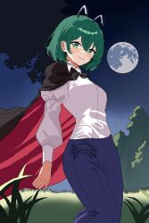 Rule 34 | 1girl, antennae, black cape, blue pants, breasts, cape, closed mouth, collared shirt, feet out of frame, full moon, grass, green eyes, green hair, long sleeves, looking at viewer, medium breasts, moon, nekokawa isugi, night, outdoors, pants, puffy sleeves, red cape, shirt, short hair, smile, solo, touhou, tree, white shirt, wriggle nightbug