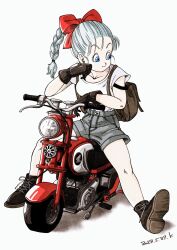 Rule 34 | 1girl, backpack, bag, black footwear, black gloves, blue eyes, boots, bow, brown bag, character request, copyright request, dated, full body, gloves, grey shorts, highres, kakeru (dbskakeru), on motorcycle, ponytail, red bow, shirt, short sleeves, shorts, simple background, solo, toriyama akira (style), watermark, white background, white hair, white shirt