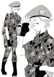 1girl beret camouflage hat highres looking_to_the_side military_uniform ok_sign original ya_si0