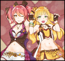 Rule 34 | &gt;:d, 10s, 2girls, :d, bare shoulders, belt, blonde hair, blush, bow, breasts, choker, claw pose, cleavage, fingerless gloves, gloves, green eyes, groin, hair bow, hat, heart, heart necklace, highres, idolmaster, idolmaster cinderella girls, jougasaki mika, jougasaki rika, kanamura will, medium breasts, midriff, multiple girls, navel, necklace, one eye closed, open mouth, pink eyes, siblings, sisters, small breasts, smile, twintails, v-shaped eyebrows, yellow eyes