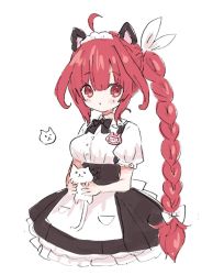 Rule 34 | 1girl, :o, ahoge, animal, animal ears, black bow, black skirt, blush, bow, braid, cat, cat ears, character request, collared shirt, dress shirt, flower knight girl, hair between eyes, holding, holding animal, looking at viewer, maid headdress, parted lips, pleated skirt, puffy short sleeves, puffy sleeves, red eyes, red hair, shiodome oji, shirt, short sleeves, side ponytail, simple background, single braid, skirt, solo, waitress, white background, white cat, white shirt