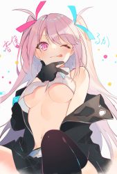 Rule 34 | 1girl, bare shoulders, belt, black gloves, black jacket, black thighhighs, blue ribbon, blush, breasts, commentary, cowboy shot, crop top, gloves, hair ribbon, highres, indie virtual youtuber, jacket, unworn jacket, light purple hair, long hair, looking at viewer, medium breasts, midriff, navel, no bra, omutatsu, one eye closed, otomata ruka, pink eyes, red ribbon, ribbon, simple background, sleeveless, solo, thighhighs, tongue, tongue out, two side up, underboob, very long hair, virtual youtuber, white background, white belt