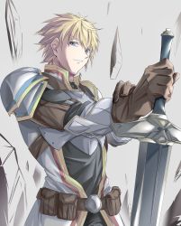 Rule 34 | 1boy, absurdres, armor, belt, blonde hair, blue eyes, brown gloves, debris, ex albio, gloves, grey background, highres, looking at viewer, male focus, nijisanji, parted lips, pouch, shoulder pads, simple background, solo, sword, upper body, virtual youtuber, waduki, weapon