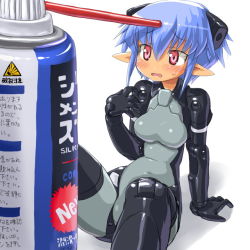 Rule 34 | 10s, 1girl, android, armor, bad id, bad pixiv id, blue hair, bodysuit, breasts, busou shinki, can, compressed air, dd (ijigendd), doll joints, joints, lube, medium breasts, mini person, minigirl, open mouth, pink eyes, pointy ears, robot ears, short hair, sidelocks, simple background, sitting, solo, spray can, strarf, sweatdrop, wavy mouth
