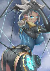 Rule 34 | 1girl, absurdres, arms up, black gloves, blue eyes, breasts, camille (league of legends), closed mouth, elbow gloves, from behind, gloves, glowing, glowing eye, grey hair, hand on own head, highres, holding, holding string, large breasts, league of legends, looking at viewer, looking back, smile, solo, string, torahime (roland00)