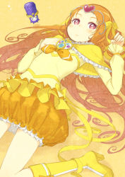 Rule 34 | 10s, 1girl, bad id, bad pixiv id, boots, bow, brooch, bubble skirt, circlet, cure muse, cure muse (yellow), dodory, dress, frills, hanarito, heart, jewelry, knee boots, long hair, lying, magical girl, orange hair, orange skirt, pink eyes, precure, shirabe ako, skirt, suite precure, yellow background, yellow bow, yellow dress