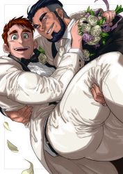 Rule 34 | 2boys, absol (dkqthf), ass, bara, beard, belt, black belt, black suit, bouquet, bow, bowtie, brown hair, carrying, couple, facial hair, flower, formal, green eyes, hair strand, holding, holding bouquet, husband and husband, lgbt pride, male focus, mature male, multiple boys, muscular, muscular male, necktie, one eye closed, original, pants, petals, princess carry, short hair, smile, suit, thick thighs, thighs, tight clothes, tight pants, undercut, white pants, white suit, yaoi