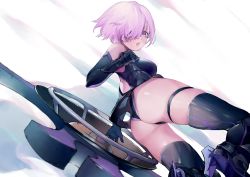Rule 34 | 1girl, armor, ass, bare shoulders, black gloves, black thighhighs, boobplate, breastplate, elbow gloves, fate/grand order, fate (series), g li, gauntlets, gloves, greaves, hair over one eye, high heels, looking at viewer, mash kyrielight, open mouth, purple eyes, purple hair, shield, short hair, skindentation, solo, thigh strap, thighhighs, twisted torso
