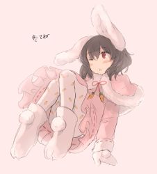 Rule 34 | 1girl, animal ears, bad id, bad twitter id, black hair, blush stickers, capelet, carrot print, dress, food print, full body, fur-trimmed capelet, fur-trimmed dress, fur trim, grey background, highres, inaba tewi, long sleeves, mittens, neck ribbon, one eye closed, pantyhose, parted lips, paw shoes, pink capelet, pink dress, pom pom (clothes), rabbit ears, red eyes, red ribbon, ribbon, short hair, simple background, solo, touhou, translation request, tsukiori, white footwear, white pantyhose