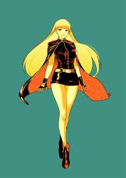 Rule 34 | 1girl, aqua background, bare legs, belt, black cape, black dress, black footwear, black gloves, blonde hair, blunt bangs, boots, cape, character request, dress, gloves, highres, limited palette, long hair, looking at viewer, parted lips, short dress, simple background, smile, snk, solo, suyinliao, the king of fighters