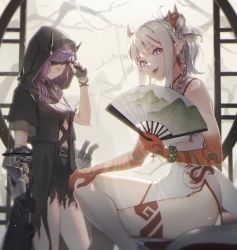 Rule 34 | 2girls, arknights, blindfold, braid, china dress, chinese clothes, demon girl, demon horns, dress, hair bun, hand fan, highres, hood, horns, lava (arknights), lava the purgatory (arknights), long hair, looking at viewer, multiple girls, nian (arknights), nian (unfettered freedom) (arknights), official alternate costume, one eye covered, pelvic curtain, pointy ears, ponytail, purple eyes, purple hair, side braid, single hair bun, suyama kara, tail, white hair