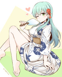 Rule 34 | 1girl, alternate costume, aqua hair, barefoot, breasts, brown sash, floral print, flower, from side, green eyes, hair flower, hair ornament, hairclip, hand fan, heart, japanese clothes, jewelry, kantai collection, kimono, large breasts, long hair, looking at viewer, obi, one eye closed, paper fan, revision, ring, rui shi (rayze ray), sash, sidelocks, simple background, solo, suzuya (kancolle), twitter username, wedding band, white kimono, yukata