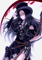 Rule 34 | 1other, absurdres, androgynous, ascot, bare shoulders, black hair, black hat, brown gloves, collared shirt, eyelashes, fingerless gloves, floating hair, gloves, guilty gear, guilty gear strive, hand on headwear, hat, highres, holding, holding scythe, holding weapon, long hair, looking at viewer, red eyes, scythe, shaded face, shirt, simple background, solo, testament (guilty gear), tomeyan, top hat, weapon, white background
