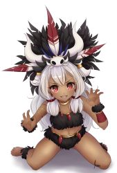 Rule 34 | 1girl, absurdres, anklet, armlet, barefoot, claw pose, dark-skinned female, dark skin, fake horns, feather hair ornament, fur cuffs, hair ornament, highres, horned headwear, horns, jewelry, long hair, maiini, navel, nyanko daisensou, original, red eyes, sitting, smile, solo, tribal, wariza, white hair
