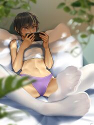 Rule 34 | 1girl, black hair, breasts, crop top, female focus, game controller, highres, holding controller, holding game controller, knees apart feet together, midriff, navel, nikishiko, original, short hair, sitting, sleeveless, small breasts, soles, thighhighs, thighs, toenails, toes, white thighhighs