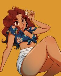 Rule 34 | 1girl, absurdres, blue shirt, breasts, brown eyes, cleavage, collarbone, draw this in your style challenge, flower, hair flower, hair ornament, hawaiian shirt, high-waist shorts, highres, jewelry, kebkebab, looking ahead, midriff, necklace, orange background, original, parted lips, pink lips, shirt, shorts, sitting, small breasts, solo, tied shirt, white shorts, yellow flower