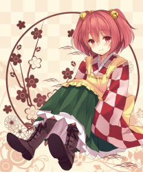 Rule 34 | 1girl, apron, bell, boots, character name, checkered clothes, checkered kimono, cross-laced footwear, full body, hair bell, hair ornament, japanese clothes, kimono, lace-up boots, looking at viewer, motoori kosuzu, red eyes, red hair, shiromikan, sitting, smile, solo, touhou, two side up