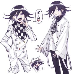 Rule 34 | 1boy, :d, black pants, blush, buttons, checkered clothes, checkered necktie, checkered scarf, cropped legs, danganronpa (series), danganronpa v3: killing harmony, double-breasted, hair between eyes, hand up, happy, heart, highres, jacket, long sleeves, looking at viewer, male focus, multiple views, necktie, open mouth, oma kokichi, pants, pun suke, purple eyes, scarf, smile, speech bubble, spoken heart, teeth, tongue, upper teeth only, white jacket, white pants, wide sleeves