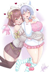 Rule 34 | absurdres, ahoge, bare shoulders, black skirt, black thighhighs, bow, breasts, brown hair, cat tail, cleavage, closed eyes, full body, green eyes, grey sweater, hair bow, heart, highres, hiiragi emuri, hug, hug from behind, indie virtual youtuber, large breasts, long sleeves, looking at another, miori celesta, miori celesta (2nd costume), mythic live, natch imaycz, off-shoulder sweater, off shoulder, one eye closed, short hair, skirt, socks, striped clothes, striped socks, sweater, tail, thighhighs, tsunderia, virtual youtuber, white background, white headwear, yellow bow, yuri