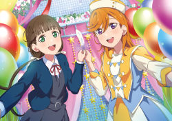 Rule 34 | 2girls, absurdres, al aoi aoba, balloon, braid, brown hair, commentary request, curtains, feathers, french braid, green eyes, hat, highres, holding, holding feather, long hair, long sleeves, looking at viewer, love live!, love live! superstar!!, low twintails, multiple girls, orange hair, purple eyes, sakurakoji kinako, school uniform, shibuya kanon, smile, star (symbol), twintails, upper body, white feathers, yuigaoka school uniform