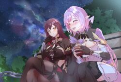 Rule 34 | 2girls, black dress, black footwear, black gloves, blush, breasts, cleavage, closed mouth, clothing cutout, crossed legs, dress, drink, eden (honkai impact), elf, elysia (honkai impact), elysia (miss pink elf) (honkai impact), gloves, gude (gudechang), hair between eyes, highres, holding, holding drink, honkai (series), honkai impact 3rd, large breasts, long hair, looking at another, multiple girls, night, night sky, on bench, pink hair, pointy ears, red hair, side cutout, single glove, sky, smile, star (sky), teeth, tree, upper teeth only, very long hair, yellow eyes