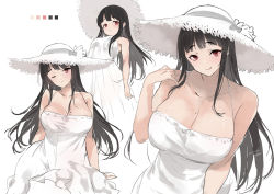 Rule 34 | 1girl, age progression, aged down, arm at side, artist name, black hair, blunt bangs, blush, bow, breasts, cleavage, color guide, dated, dress, hasshaku-sama, hat, hat bow, hat ribbon, kogeneko, large breasts, long hair, looking at viewer, medium breasts, mole, mole on breast, mole under eye, multiple views, one eye closed, original, red eyes, ribbon, shiny skin, simple background, smile, spaghetti strap, straw hat, sundress, tongue, tongue out, very long hair, white background, white dress, white headwear