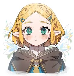 Rule 34 | 1girl, blonde hair, blue shirt, blush, braid, brown cape, cape, commentary request, cropped shoulders, crown braid, hair ornament, hairclip, highres, looking at viewer, nintendo, open mouth, parted bangs, pointy ears, princess zelda, sakura yuki (clochette), shirt, short hair, solo, the legend of zelda, the legend of zelda: tears of the kingdom, white background