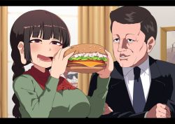 Rule 34 | 1girl, 2boys, black jacket, black necktie, blazer, blunt bangs, blush, braid, breasts, brown hair, burger, cheese, collared shirt, commentary request, cookie (touhou), curtains, dress, food, formal, fuka (kantoku), green dress, green tea (cookie), highres, jacket, john f. kennedy, large breasts, letterboxed, lettuce, long earlobes, long hair, long sleeves, mcdonald&#039;s, multiple boys, necktie, open mouth, real life, red eyes, red hair, red scarf, ronald mcdonald, saliva, scarf, shirt, short hair, smile, suit, suit jacket, sunglasses, tea, tomato, touhou, twin braids, upper body, white shirt, yatadera narumi