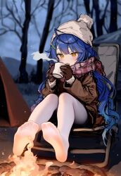 Rule 34 | 1girl, amamiya kokoro, beanie, blue hair, campfire, cup, feet, fire, hair ornament, hat, highres, holding, holding cup, long hair, nijisanji, on chair, open mouth, outdoors, peeporose, scarf, snow, steam, tent, thighhighs, tree, twintails, virtual youtuber, white thighhighs, yellow eyes