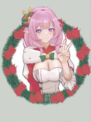 0kuroshii 1girl alternate_costume bow bowtie breasts christmas_wreath cleavage commentary corset diamond-shaped_pupils diamond_(shape) elf elysia_(herrscher_of_human:_ego)_(honkai_impact) elysia_(honkai_impact) english_commentary green_bow green_bowtie grey_background hair_ornament highres honkai_(series) honkai_impact_3rd large_breasts long_hair pink_hair pointy_ears purple_eyes smile solo symbol-shaped_pupils upper_body v white_corset wreath